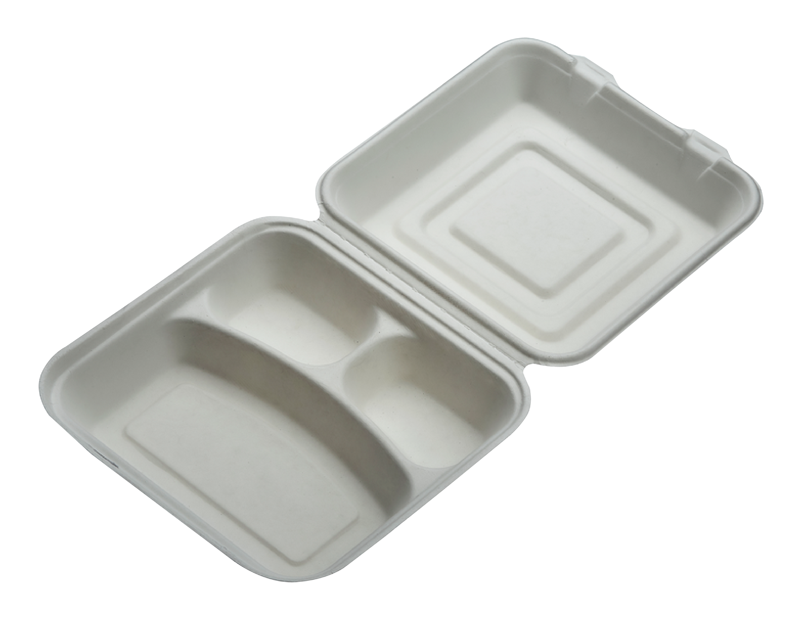 00.30.4438 Bagasse 3 Compartment Hinged Lid Box - Image 1